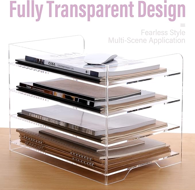 SANRUI Acrylic Paper Organizer Letter Tray for Desk, 4 Tier Enlarged File Sorter,Clear File Holder Desktop Shelf Document Storage for School Office Home