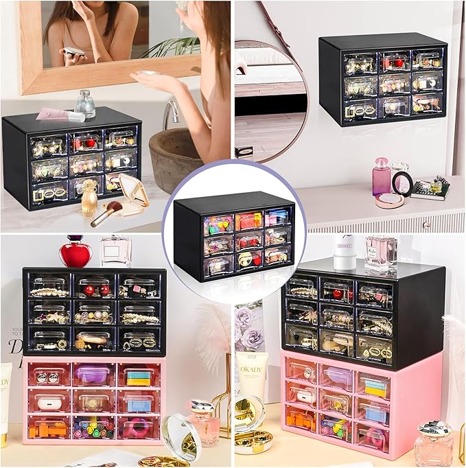 Desk Storage Organizer with 9 Drawers, FODIENS Stackable Desktop Craft Drawer Cabinet, Clear Storage Box Caddy for Makeup Jewelry Office Craft Supplies (9.84×6.3×5.9in) (Black)