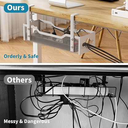 Under Desk Cable Management Tray, Litwaro Cable Management Under Desk No Drill, Metal Cable Tray with Clamp for Desk Wire Management, Desk Cord Organizer for Home Office No Damage to Standing Desk