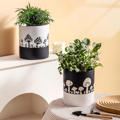 Nihow Self Watering Plant Pot: 6 Inch Ceramic Planter with Drainage Hole & Water Storage Plus for Indoor & Outdoor Plants - Cylinder Round Flower Pot for Succulent/Herbs/Violets -Black & White