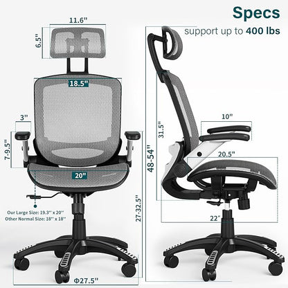 GABRYLLY Ergonomic Office Chair, High Back Home Desk Chair with Headrest, Flip-Up Arms, 90-120° Tilt Lock and Wide Cushion, Big and Tall Mesh Chairs for Man Woman, Grey Task Chair