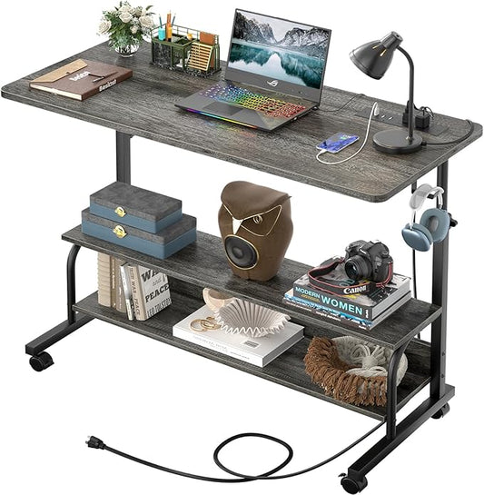 39" Height Adjustable Standing Desk with Power Outlets - Manual Rolling Stand Up Desk with Wheels Small Portable Computer Desk Mobile Laptop Table with Storage Shelves for Home Office, Grey Oak