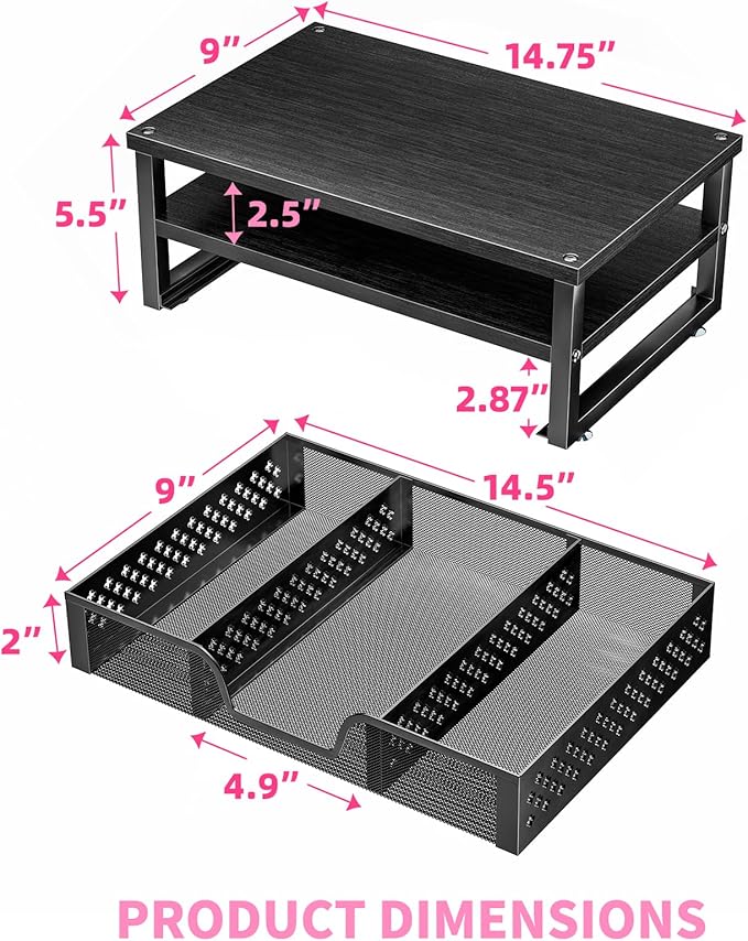 Monitor Stand Riser with Drawer, 2 Tier Wood and Metal Computer Desk Organizer with Storage, Desktop Stand for Laptop, Printer, iMac, Black