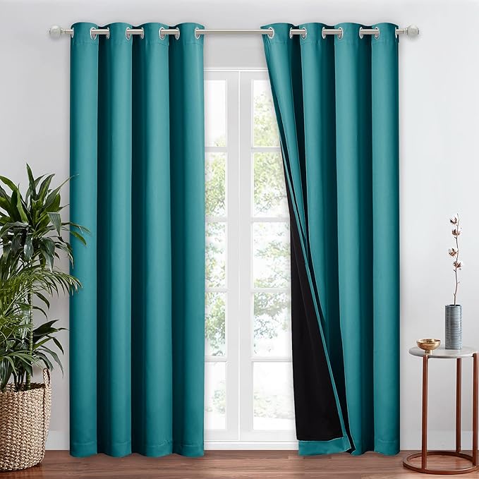 NICETOWN Peacock Teal 100% Blackout Window Curtain Panel, Cold and Full Light Blocking Drape with Black Liner for Nursery, 84 inches Drop Thermal Insulated Draperies (1 PC, 52 inches Wide Each Panel)