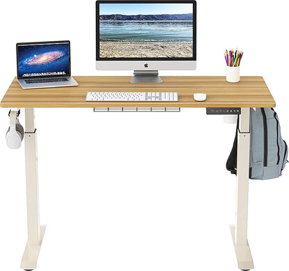 SHW Electric Height Adjustable Standing Desk with Hanging Hooks and Cable Management, 48 x 24 Inches, Oak