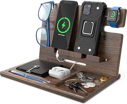 BARVA Gifts for Men Dad Birthday Ideas Wood Docking Station 2 Phone Nightstand Organizer Table Charging Dock Multi Watch Charging Stand Wallet Key Gadget Device Bedside Holder Bedroom Desk Accessories