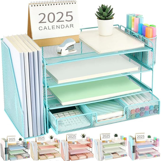 gianotter Paper Letter Tray Organizer with File Holder, 4-Tier Desk Accessories & Workspace Organizers with Drawer and 2 Pen Holder, Desk Organizers and Accessories for Office Supplies (Blue)