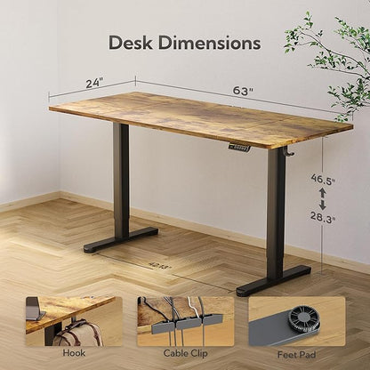 Electric Standing Desk, Adjustable Height Stand up Desk, 63x24 Inches Sit Stand Home Office Desk with Splice Board, Black Frame/Rustic Brown Top