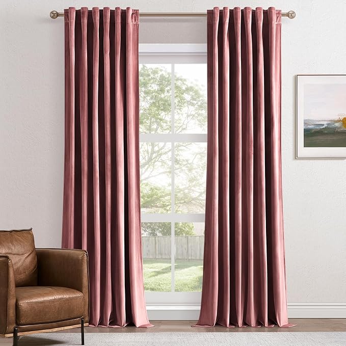 Topfinel 90 Inch Dusty Rose Velvet Curtains,Moderate Velvet Fabric Elegant Drapes,Rod Pocket Back Tab Sunlight Blocking Room Darkening Panles for Spring Living Room,2 Panels Burg