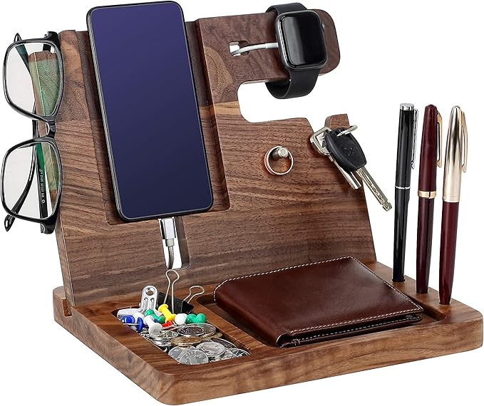 awofer Gifts for Men - Ebony Wood Phone Docking Station - Nightstand with Key Holder, Wallet Stand and Watch Organizer to Boyfriend Husband Wife Dad for Anniversary Birthday Christmas