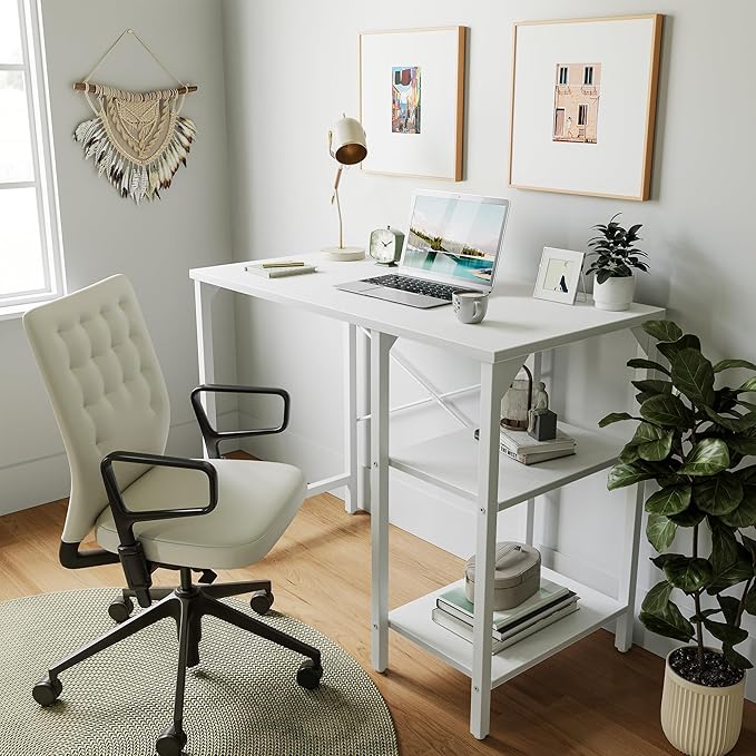 CubiCubi Small Computer Desk, 35 Inch Home Office Desk with Storage Shelves, Study Writing Desk, White