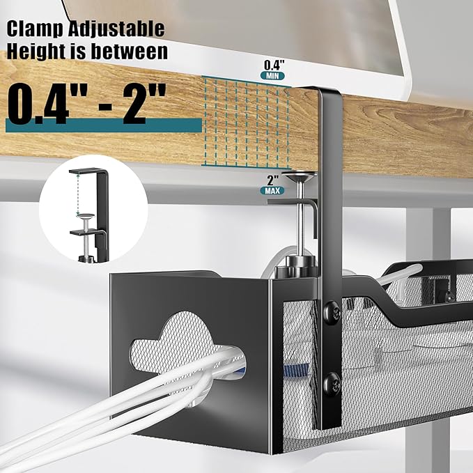 Under Desk Cable Management Tray, Litwaro Cable Management Under Desk No Drill, 25'' Metal Cable Tray with Clamp for Desk Wire Management, Desk Cord Organizer - No Damage to Desk