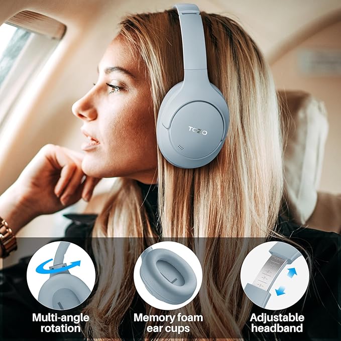 TOZO HT2 Hybrid Active Noise Cancelling Headphones, Wireless Over Ear Bluetooth Headphones, 60H Playtime, Hi-Res Audio Custom EQ via App Deep Bass Comfort Fit Ear Cups, for Home Office Travel Blue