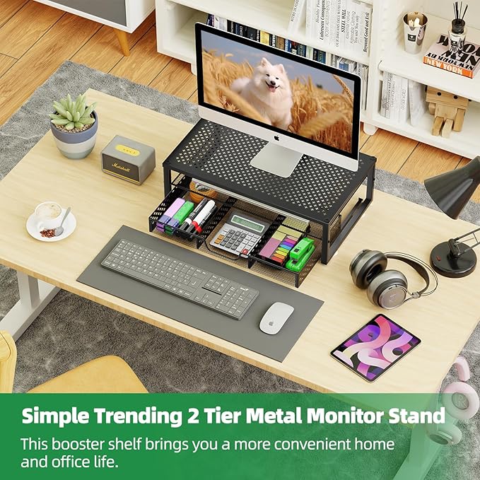 Simple Trending Metal Monitor Stand Riser and Computer Desk Organizer with Drawer for Laptop, Computer, iMac, Black