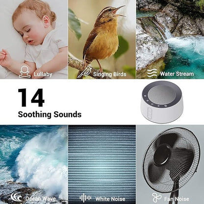 BGOVERSS White Noise Sound Machine with 14 Soothing Sounds and 10 Levels Night Light for Sleeping, 5 Timers and Memory Feature Plug in Sound Machine for Nursery Baby Kids Adults, White