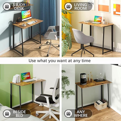 4NM 31.5" Small Desk with Storage Bag, Simple Assembly Folding Computer Desk Home Office Desk Study Writing Table for Small Space Offices - Rustic Brown and Black