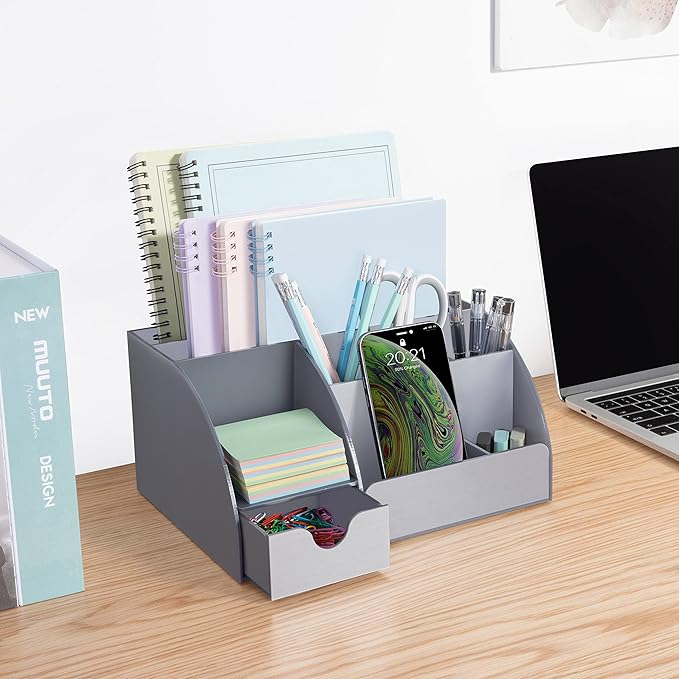 Grey Desk Organizer, 9 Compartments, Office Supplies and Desk Accessories Organizer, Office Decor Desktop Organizer (Gray)