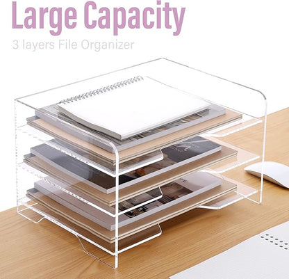 SANRUI Acrylic Paper Organizer Letter Tray for Desk, 3 Tier Enlarged File Sorter,Clear File Holder Desktop Shelf Document Storage for School Office Home