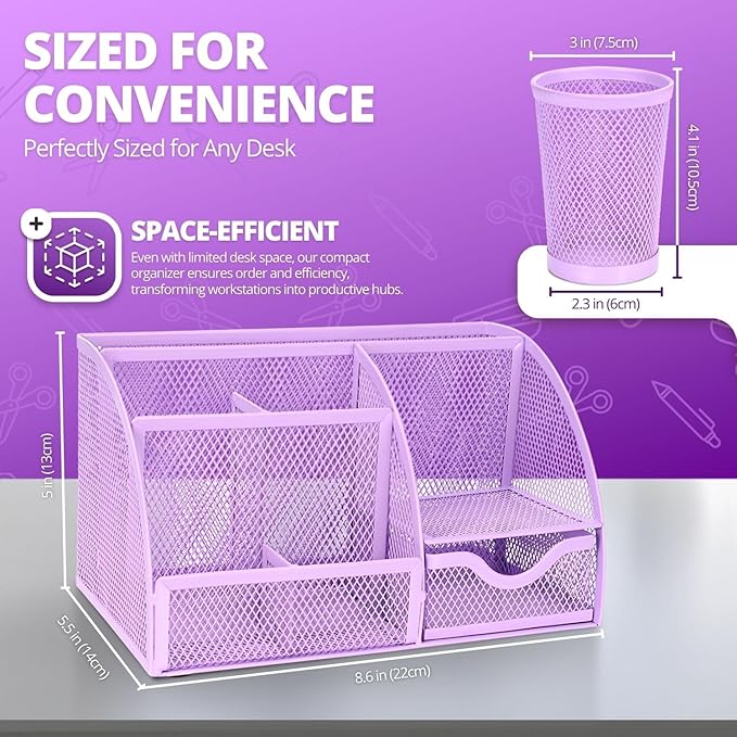 Flexzion Desk Top Caddy Organizer - Purple Office Desk Accessories Organizer and Storage - Metal Mesh Desk with 6 Compartments, Drawer and Pen Holder