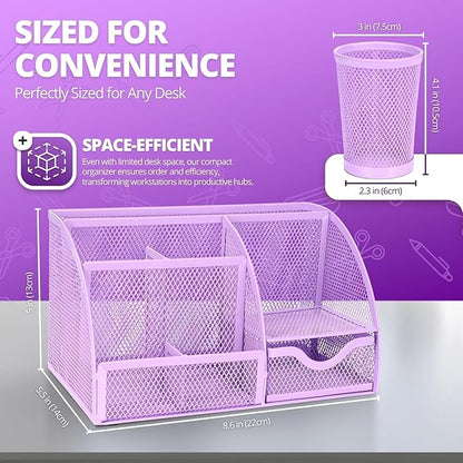 Flexzion Desk Top Caddy Organizer - Purple Office Desk Accessories Organizer and Storage - Metal Mesh Desk with 6 Compartments, Drawer and Pen Holder