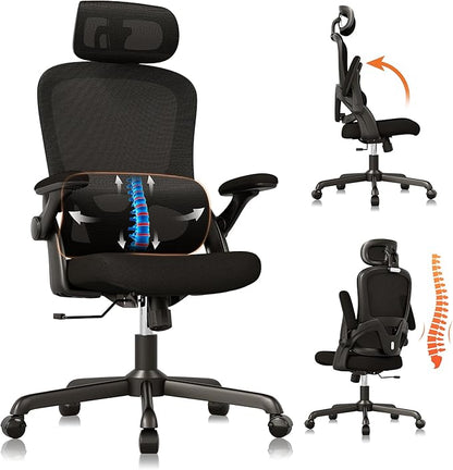 SUNNOW Ergonomic Office Chair, High Back Mesh Desk Chair with Adjustable Lumbar Support, Flip-Up Arms, Headrest, Tilt Function, Rolling Wheel, Comfy Wide Swivel Task Computer Gaming Chairs for Adults