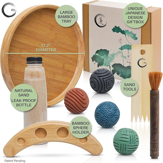 Japanese Zen Garden Kit for Desk - Premium Sand Garden - Mini Zen Décor Office Desktop Accessories - Bamboo Crafted Meditation Therapy Tray - Gift Set - 4 Stamp Spheres Natural Rake Custom Holder