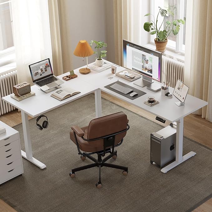 Agilestic L Shaped Standing Desk Adjustable Height, Electric Corner Standing Desk, 63 x 55 inch Sit Stand Computer Table with Splice Board, White