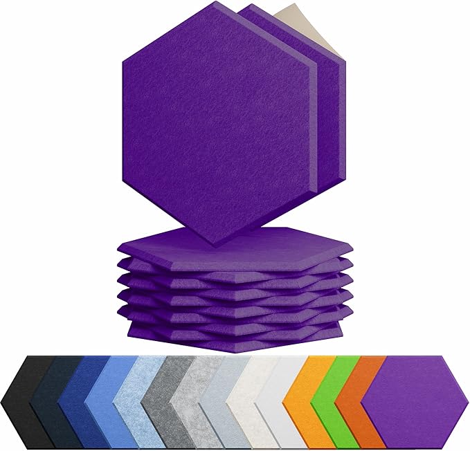 12 Pack Acoustic Panels Self Adhesive Sound Proof Foam, High Density Sound Acoustic Panel, 12X10.23X0.4 Inch Hexagon Panels in Home, Office, Reccording Room, Studio,and more(Violet)