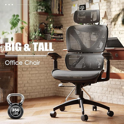 GABRYLLY Ergonomic Office Chair, Big and Tall Mesh Chair with Lumbar Support, 3D armrest - 215° Rotation, Adjustable Headrest & Soft Seat, Durable Desk Chair 350LBS for Work Gaming Computer,Grey