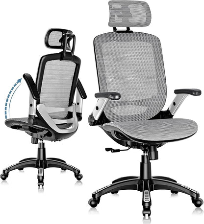 GABRYLLY Ergonomic Office Chair, High Back Home Desk Chair with Headrest, Flip-Up Arms, 90-120° Tilt Lock and Wide Cushion, Big and Tall Mesh Chairs for Man Woman, Grey Task Chair