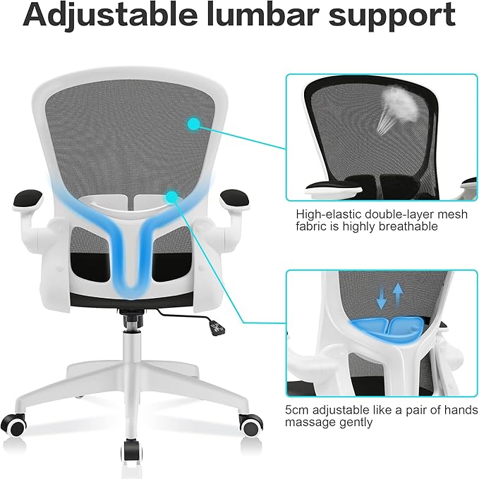 FelixKing Office Desk Chairs, Ergonomic PC Desk Chair with Wheels, Adjustable Lumbar Support and Height, Swivel Computer Chair with Flip-up Armrests, Ergo Mesh Backrest for Working (White)