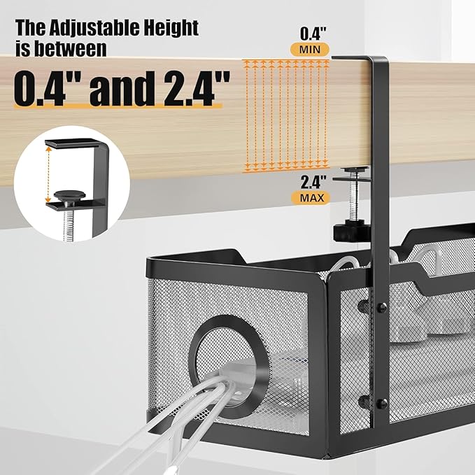 2 Pack Under Desk Cable Management Box Black, Cinati Cable Management Under Desk No Drill, Cable Tray with Clamp for Desk Wire Management,Desk Cable Management for Office, Home - No Damage to Desk