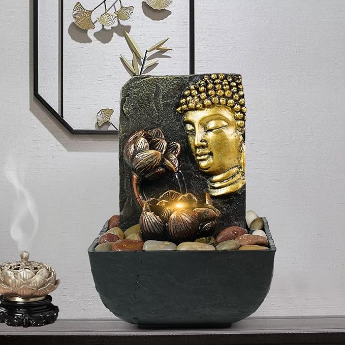 Ferrisland Water Fountain Indoor Waterfall - Buddha Fountains Indoor Exquisite Tabletop Waterfall of Zen Meditation Fountain with Light and Lotus Leaf for Bedroom Desktop and Office Home Decor