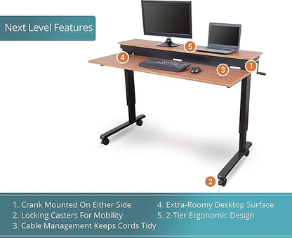 S STAND UP DESK STORE Crank Adjustable 2-Tier Standing Desk with Heavy Duty Steel Frame (Black Frame/Teak Top, 60 inch Wide)