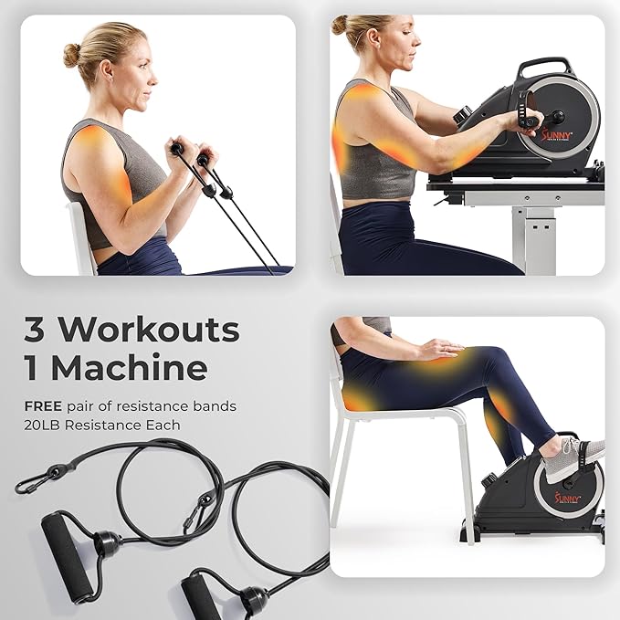 Sunny Health & Fitness Dual Function Under-Desk Bike Trainer, Mini Exercise Machine for Senior Training, Arm/Leg Cardio Cycle Workout, Optional Magnetic, Motorized & Free SunnyFit App Bluetooth Link