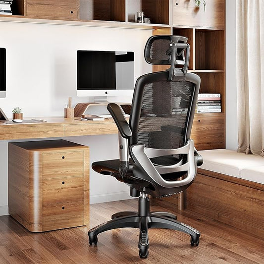 SUNNOW Ergonomic Office Chair, Mesh Home Desk Chair with Flip-Up Arms, 3D Headrest, 90°-120° Tilt Lock and Wide Cushion, High Back Big and Tall Computer Gaming Chairs, Swivel Executive Task Chair