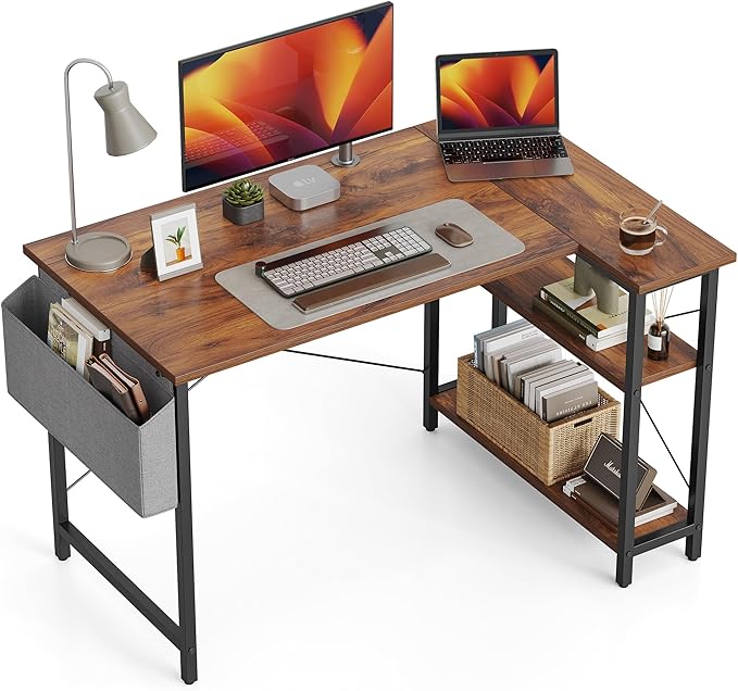 CubiCubi L Shaped Desk, 40 Inch Computer Desk with Reversible Storage Shelves Home Office Corner Desk Study Writing Table, Deep Brown