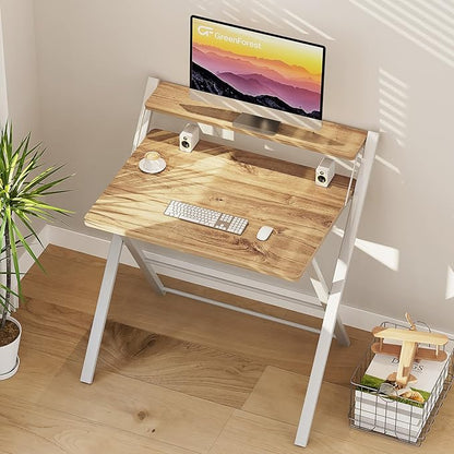 GreenForest Folding Desk No Assembly Required Small Size, 2-Tier Foldable Computer Desk with Shelf for Home Office, Space Saving Portable Laptop Study Foldable Table for Small Spaces, Oak