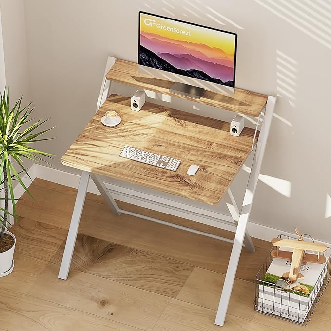 GreenForest Folding Desk No Assembly Required Large Size, 2-Tier Foldable Computer Desk with Shelf for Home Office, Space Saving Portable Laptop Study Foldable Table for Bedroom, Oak