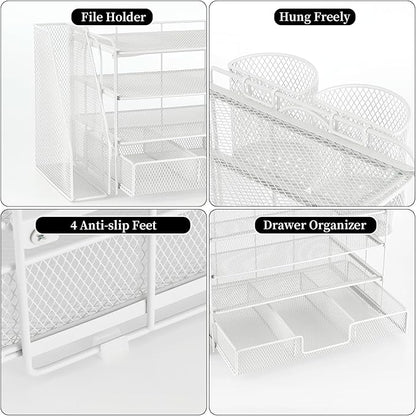 gianotter Paper Letter Tray Organizer with File Holder, 4-Tier Desk Accessories & Workspace Organizers with Drawer and 2 Pen Holder, Desk Organizers and Accessories for Office Supplies (White)