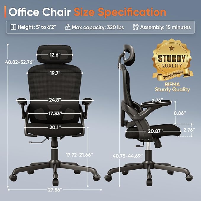 SUNNOW Ergonomic Office Chair, High Back Mesh Desk Chair with Adjustable Lumbar Support, Flip-Up Arms, Headrest, Tilt Function, Rolling Wheel, Comfy Wide Swivel Task Computer Gaming Chairs for Adults