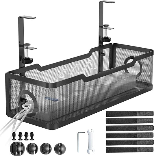 Under Desk Cable Management Tray Black, Cinati Cable Management Under Desk No Drill, Cable Tray with Clamp for Desk Wire Management,Desk Cable Management Box for Office, Home - No Damage to Desk