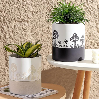 Nihow Self Watering Plant Pot: 6 Inch Ceramic Planter with Drainage Hole & Water Storage Plus for Indoor & Outdoor Plants - Cylinder Round Flower Pot for Succulent/Herbs/Violets - Nature & White