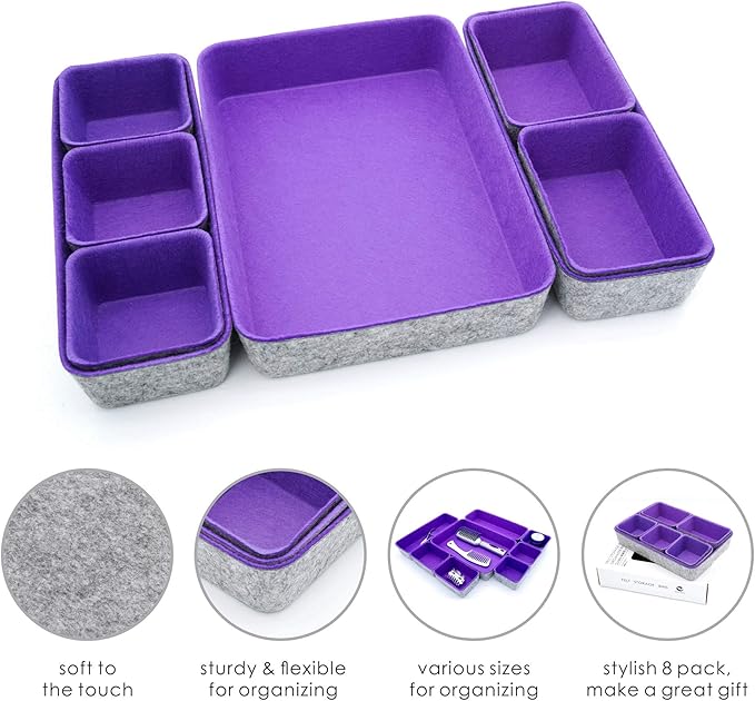 Welaxy desk drawer organizers tray dividers small shallow felt storage box sturdy soft bin for office suppliers entryway catchall key holder makeup crafts pens decluttering 8-piece (Purple)