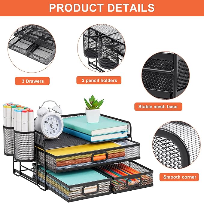 Marbrasse 3 Tier Mesh Desk Organizer with Drawer, Multi-Functional Desk Organizers and Accessories, Paper Letter Organizer with 2 Pen Holder for Home Office Supplies - Black