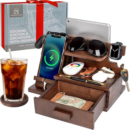 Wood Phone Docking Station with Drawer, Compatible With Apple Watch and MagSafe - Wood Charging Station Organizer Stand, Bedside Nightstand Organizer for Men, Holds Phone, Tablet, Keys, Glasses, EDC