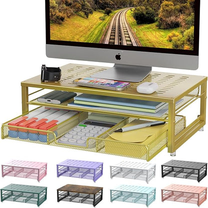 gianotter Computer Monitor Stand Riser, Desk Organizers and Accessories with Drawer, Office Desk Accessories & Workspace Desktop Organizers Storage for Classroom Office Supplies Decor (Gold)