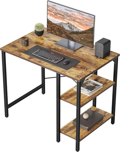 CubiCubi Small Computer Desk, 35 Inch Home Office Desk with 2 Storage Shelves on Left or Right Side, Study Writing Desk with Storage Board, Rustic Brown