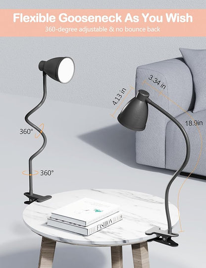 BOHON Desk Lamp 3 Color Modes 10 Brightness Dimmer Reading Light 10W 38 LED Clamp Lamp with Auto Off Timer 360° Flexible Gooseneck Clip on Light for Bed Bedside, AC Adapter Include