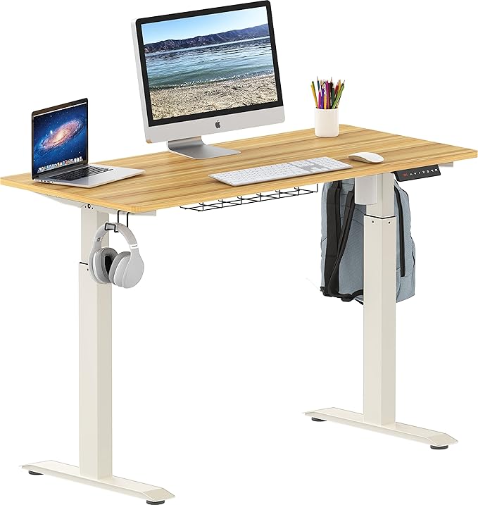 SHW Electric Height Adjustable Standing Desk with Hanging Hooks and Cable Management, 48 x 24 Inches, Oak